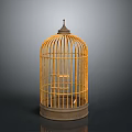 Decorative Yellow Birdcage As Household Item With Metal Frame Base And Spire Top