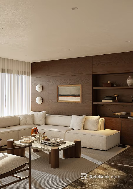 Modern Cozy Living Room Interior With Dark Wood Accent Wall And Plush Beige Sectional Sofa 3d model 