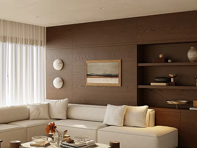 Modern Cozy Living Room Interior With Dark Wood Accent Wall And Plush Beige Sectional Sofa 3d model