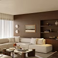 Modern Cozy Living Room Interior With Dark Wood Accent Wall And Plush Beige Sectional Sofa
