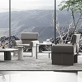 Modern Sofa And Coffee Table Set In Living Room With Large Windows Mountain View And Green Plants