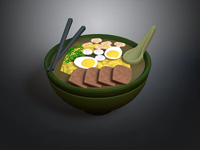 Delicious Ramen Bowl With Sliced Meat Soft Boiled Eggs Green Onions Chopsticks And Spoon 3d model