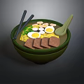 Delicious Ramen Bowl With Sliced Meat Soft Boiled Eggs Green Onions Chopsticks And Spoon