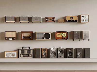 Vintage Radios and Audio Equipment Neatly Arranged on Wall and Shelf 3d model