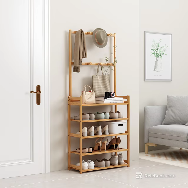 Wooden Multi Tiered Shoe Rack With Hanging Rail For Hat Coat And Shoes Storage 3d model 