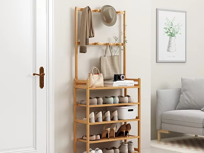 Wooden Multi Tiered Shoe Rack With Hanging Rail For Hat Coat And Shoes Storage 3d model