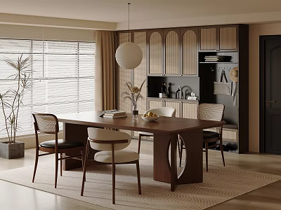 Modern Restaurant Interior With Wooden Dining Table Chairs Window And Cabinets 3d model