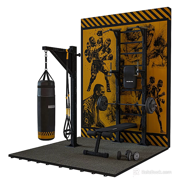 Boxing Training Sports Equipment With Punching Bag Barbell Dumbbells Bench And Training Rack 3d model 