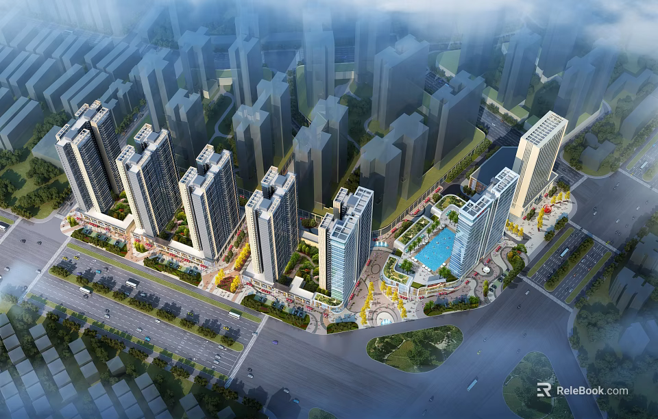 Modern High Rise Residential Complex With Green Spaces and Roads in Urban Area 3d model 