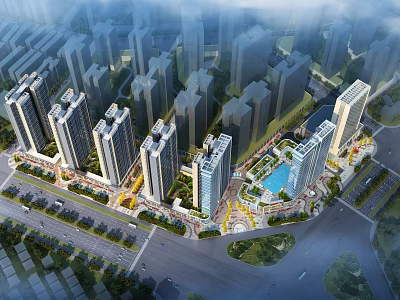 Modern High Rise Residential Complex With Green Spaces and Roads in Urban Area 3d model