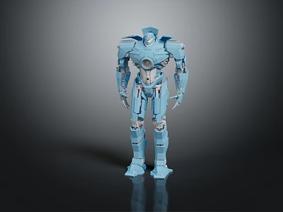 Blue Humanoid Robot Character With Shiny Metallic Surface Standing On Dark Background 3d model