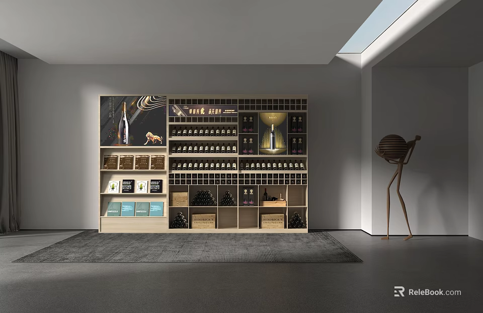 Modern Wine Cabinet Interior Design With Open Shelves Wine Bottles And Skylight Lighting 3d model 