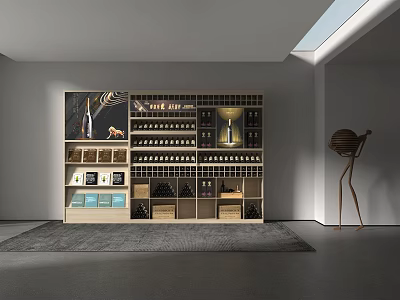 Modern Wine Cabinet Interior Design With Open Shelves Wine Bottles And Skylight Lighting 3d model