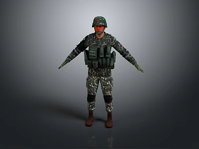 Man in Military Camouflage Uniform Wearing Helmet and Tactical Vest Isolated on Gray Background 3d model