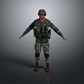 Man in Military Camouflage Uniform Wearing Helmet and Tactical Vest Isolated on Gray Background