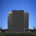 Modern High Rise Residential Building with White Exterior and Balconies Against Blue Sky and Green Trees