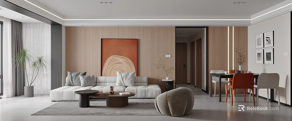 Modern Living Dining Room Interior With Wooden Wall Light Sofa Artwork Round Accent Chair And Coffee Table 3d model 