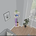 Multi tiered Corner Storage Shelf in Living Room with Green Plants and Organized Items