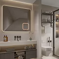 Elegant Modern Bathroom Interior Design With Backlit Mirror Glass Shower And Vanity Shelves