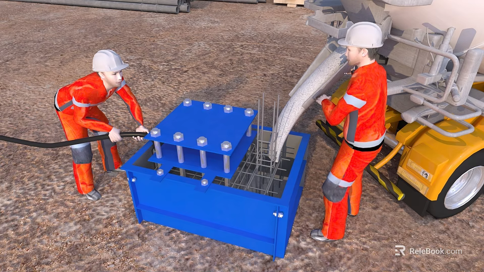 Workers In Orange Work Uniforms And White Hard Hats Operating Blue Equipment With Yellow Machinery 3d model 