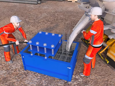 Workers In Orange Work Uniforms And White Hard Hats Operating Blue Equipment With Yellow Machinery 3d model