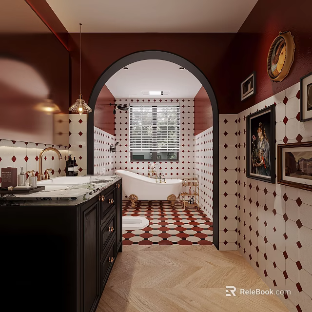 Vintage Bathroom Interior With Red And White Diamond Tiles Bathtub Vanity And Framed Paintings 3d model 
