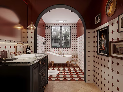 Vintage Bathroom Interior With Red And White Diamond Tiles Bathtub Vanity And Framed Paintings 3d model
