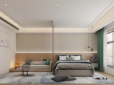 Modern Hotel Room Interior With Comfortable Bed Sofa Area Rug And Natural Lighting 3d model