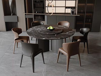 Modern Dining Space With Round Marble Table And Brown Black Mixed Chairs 3d model