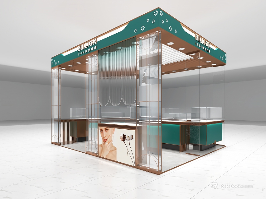 Elegant Modern Jewelry Store with Green Canopy Glass Display and Jewelry Showcases 3d model 