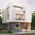 Modern Detached Villa Exterior Design With Glass Windows Stone Walls Wooden Door And Greenery Surroundings