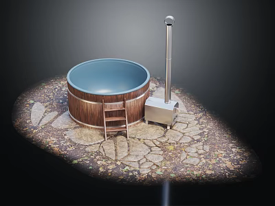 Outdoor Wooden Round Bathtub With Ladder And Metal Heater On Stone Paved Ground 3d model