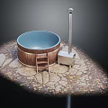 Outdoor Wooden Round Bathtub With Ladder And Metal Heater On Stone Paved Ground 3d model