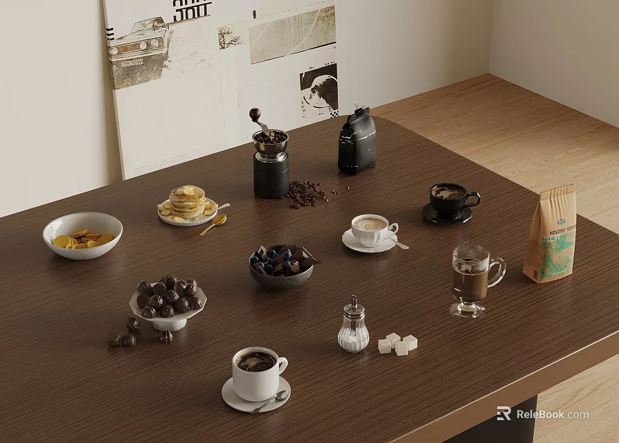 Delicious Food Spread On Wooden Table With Coffee Cups Waffles Blueberries And Chocolate 3d model 