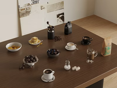 Delicious Food Spread On Wooden Table With Coffee Cups Waffles Blueberries And Chocolate 3d model