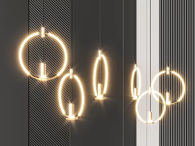 Multiple Modern Circular Illuminated Chandeliers in Interior Design With Stripe Wall 3d model