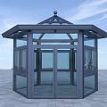 Octagonal Pavilion With Glass Doors Black Frame Chinese Style Roof Open Area Gray Floor Tiles