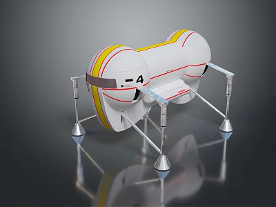 White Mechanical Device With Yellow Stripes Marked Four And Metal Stands On Reflective Base 3d model