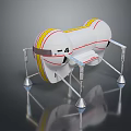 White Mechanical Device With Yellow Stripes Marked Four And Metal Stands On Reflective Base