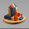 Colorful Wooden Blocks Building Small House With Various Shapes On Round Wooden Tray
