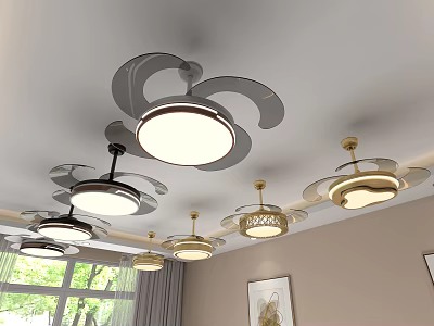 Modern Chandeliers with Unique Curved Design in Living Room Interior and Soft Glowing Lights 3d model