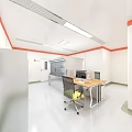 Modern Laboratory Interior With White Walls Red Trim Blue Cabinets And Fridge