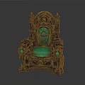 Ornate Dark Frame Chair With Green Cushioned Seat Glass Panel Backrest And Circular Armrest Accents