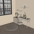 Modern Dressing Table with Dual Mirrors White Chair Cosmetic Bottles and Wall Shelves by Window