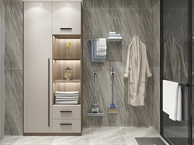 Modern Neat Bathroom With Large Capacity Storage Cabinet And Marble Texture Tile Interior Design 3d model