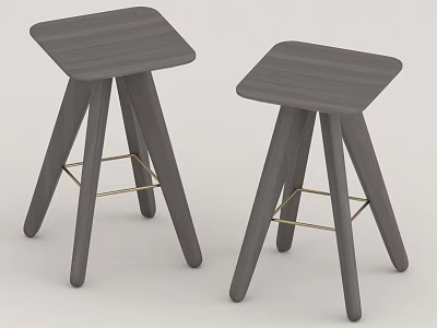 Two Modern Wooden Stools with Square Seats Cross Legs and Gold Metal Accents 3d model
