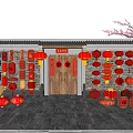 Chinese Traditional Red Lanterns Hanging On White Walls And Doorway With Fu Character Decorations