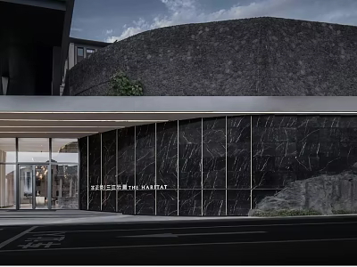 Modern Commercial Storefront Facade With Black Marble Walls Glass Curtain And Overhanging Roof 3d model