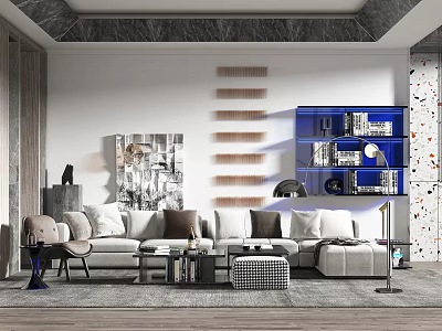 Modern Living Room Interior With Blue Bookshelf Sofa Artwork Area Rug And Floor Lamp 3d model