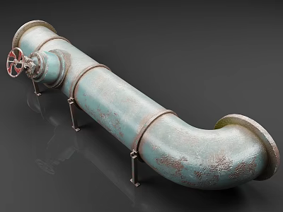 Large Curved Industrial Equipment Pipe With Red Wheel Valve And Metal Support Brackets 3d model